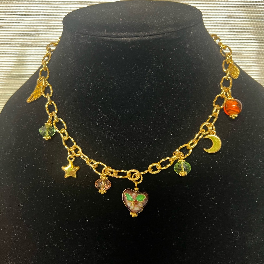 Gold Charm Necklace with Heart and Star Accents